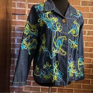 CHOICES Women PM Denim Jacket Ribbon Embellished Blue Snap Closure Long Sleeves